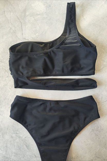 One Shoulder Side Hollow Out Two Piece Swim Set