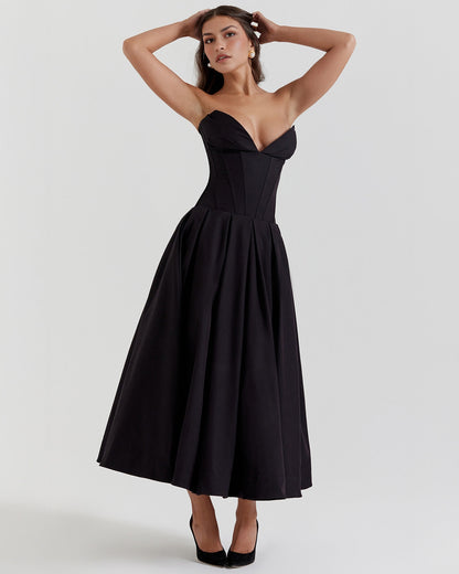 Strapless Corset Sweetheart Neckline Box Pleat A-Line Midi Dress