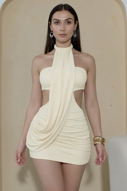 Halter Drape Side Cutout Ruched Bodycon Mini Dress