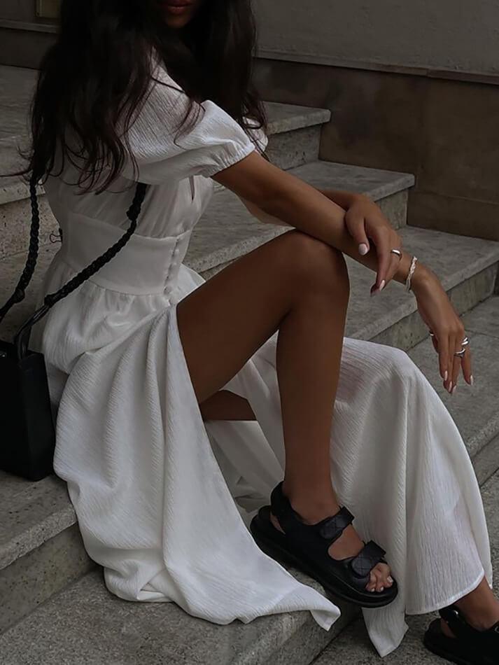 V Neck Puff Sleeve Button Down Cinched Waist Split Maxi Dress