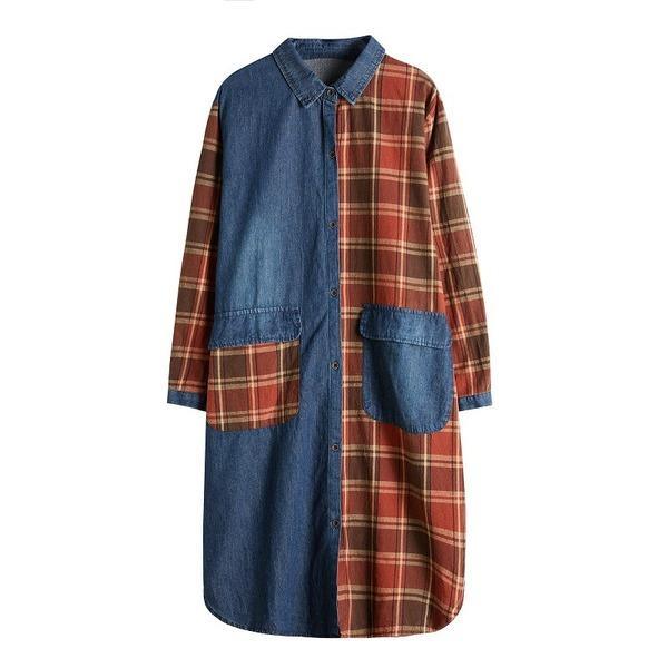 Denim Plaid Asymmetric Patchwork Longline Button Shirt Dress