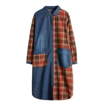 Denim Plaid Asymmetric Patchwork Longline Button Shirt Dress