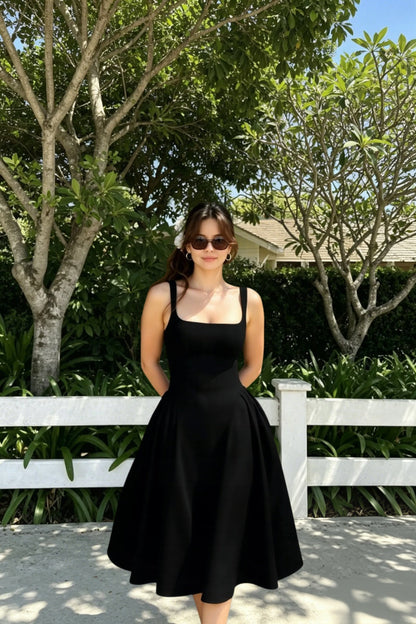 Square Neck Wide Strap Fitted Bodice A-Line Midi Dress