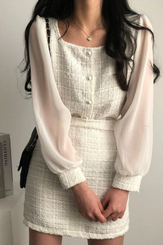 Sheer Boucle Square Neck Blouse Skirt Tweed Suit Set