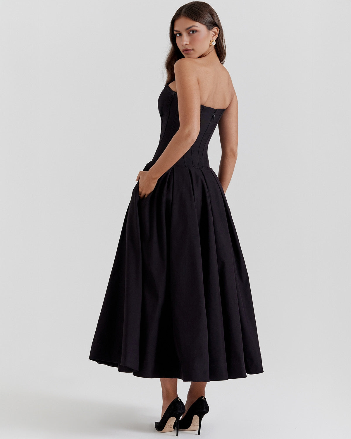 Strapless Corset Sweetheart Neckline Box Pleat A-Line Midi Dress