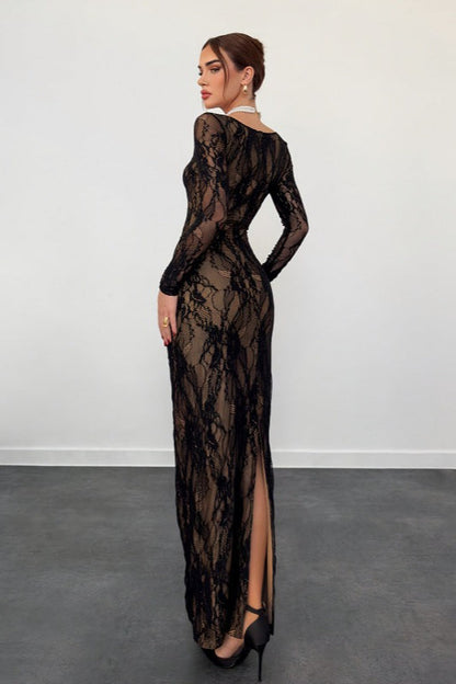 Elegant Lace Square Neck Long Sleeve Bodycon Dress