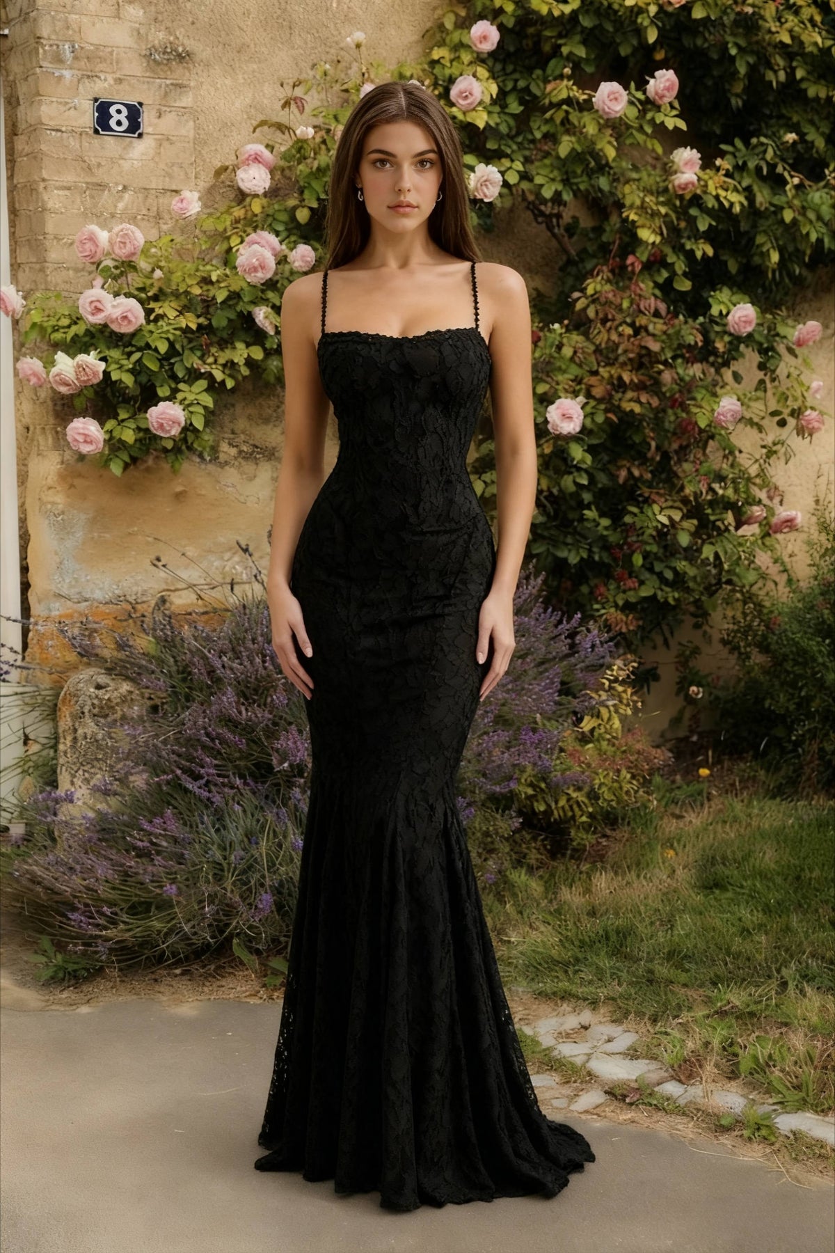 Floral Jacquard Spaghetti Strap Square Neck Mermaid Maxi Gown