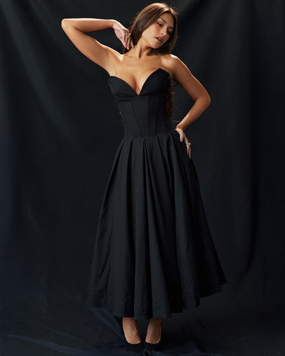 Strapless Corset Sweetheart Neckline Box Pleat A-Line Midi Dress