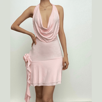 Cowl Neck Halter Ruffle Trim Side Cascade Backless Mini Dress