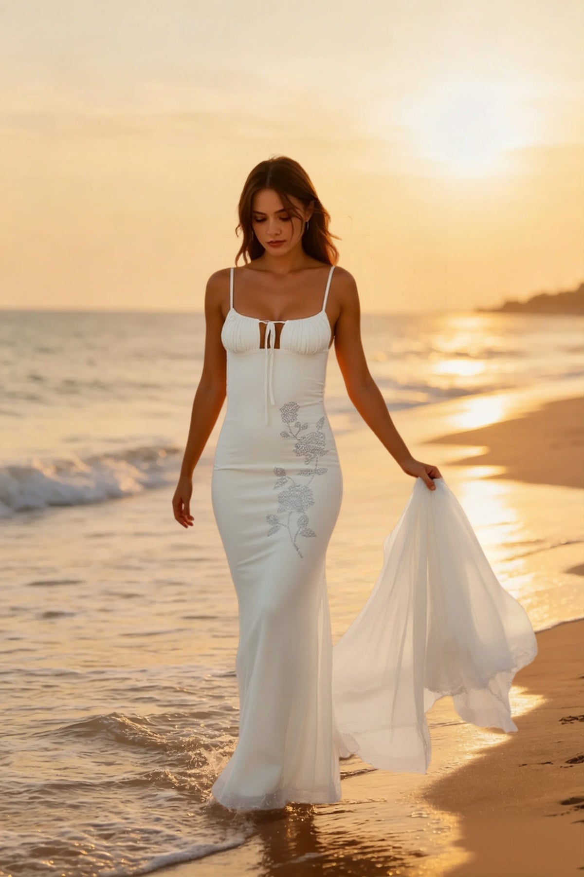Spaghetti Strap Ruched Keyhole Floral Embroidery Mermaid Maxi Dress