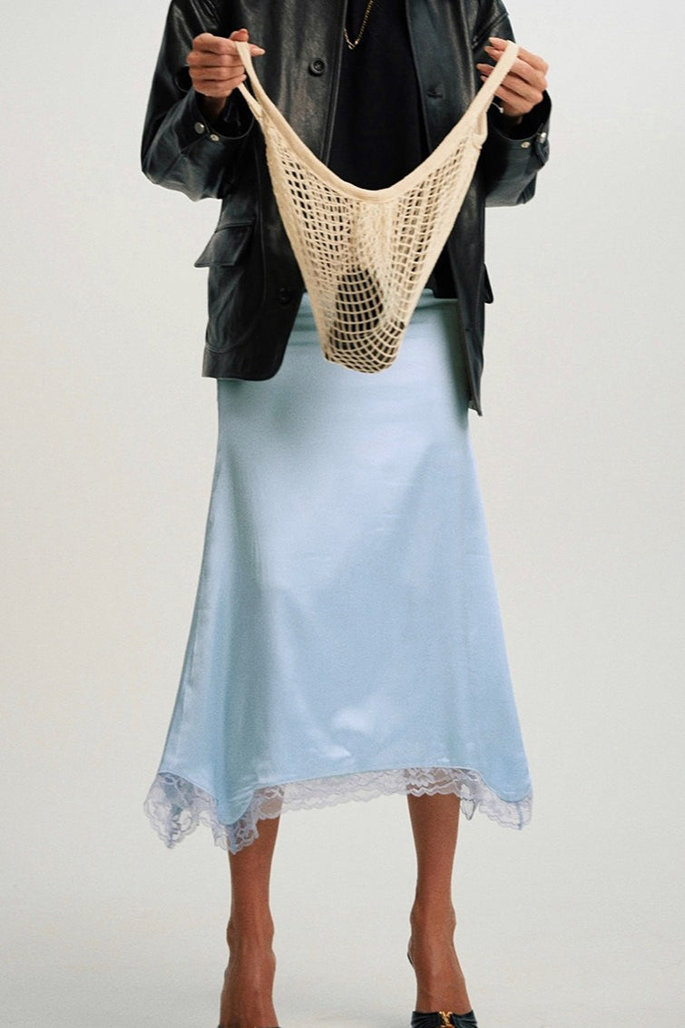 Asymmetric Lace-Trim Midi Skirt