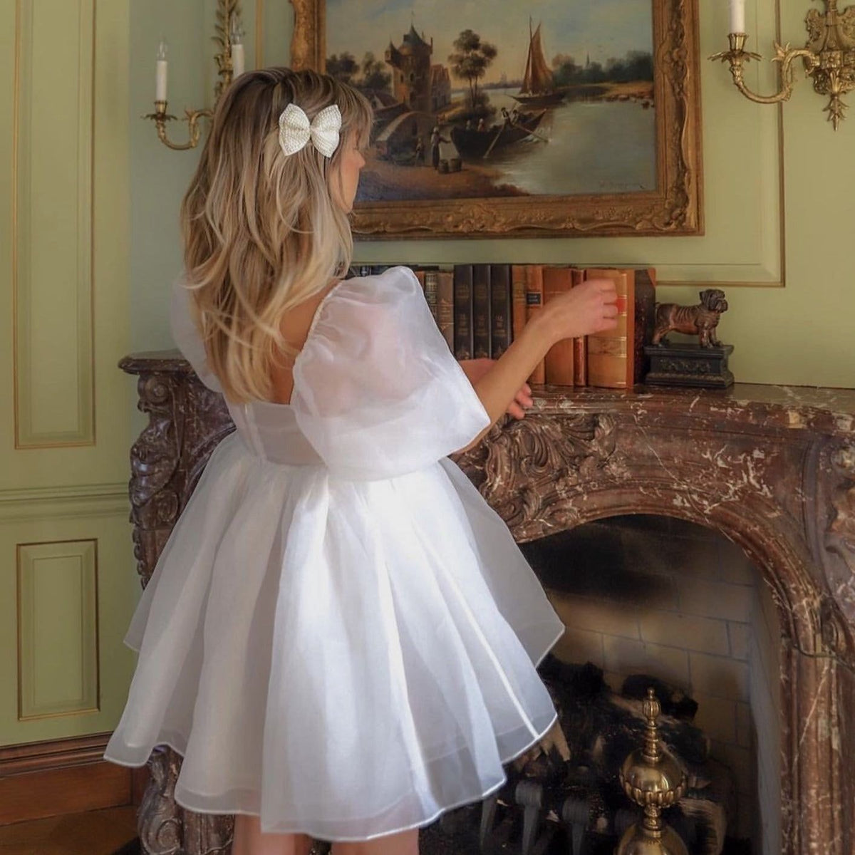 Square Neck Puff Sleeve Empire Waist Sheer Layered Tulle Mini Dress