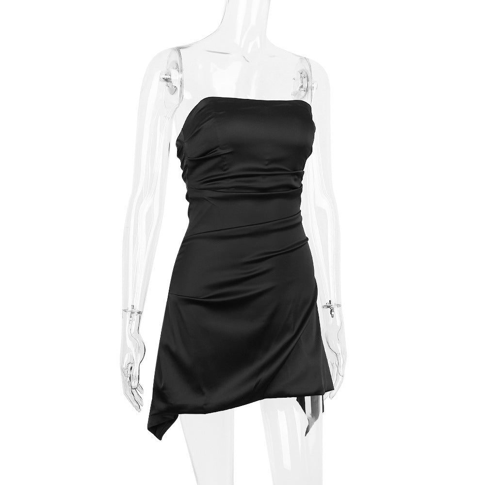 Strapless Ruched Asymmetric Hem Satin Mini Dress