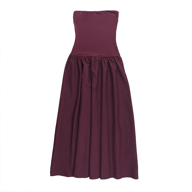 Strapless Bandeau Waistband Pleated Maxi Dress
