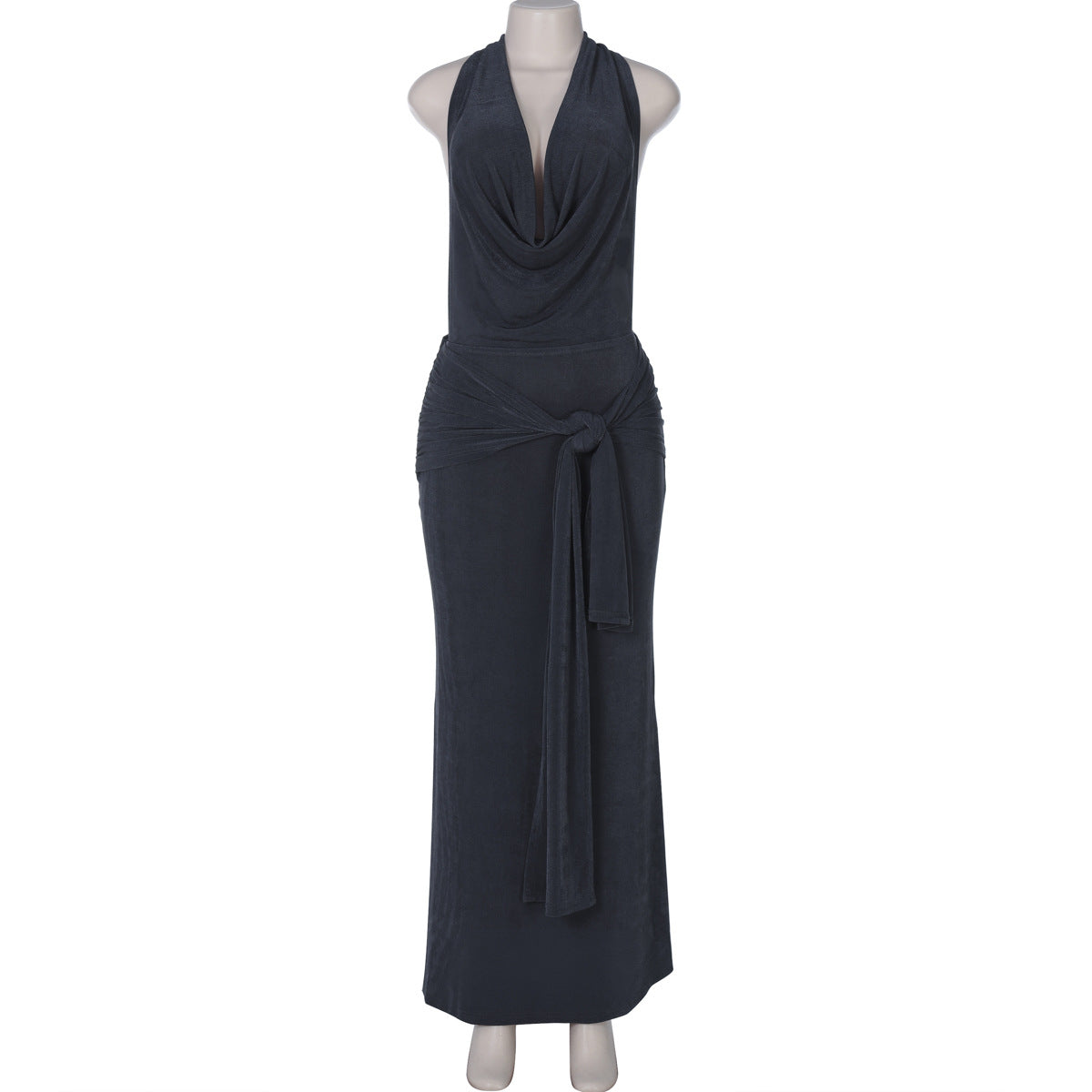Halter Neck Cowl Drape Side Sash Shimmer Column Maxi Dress