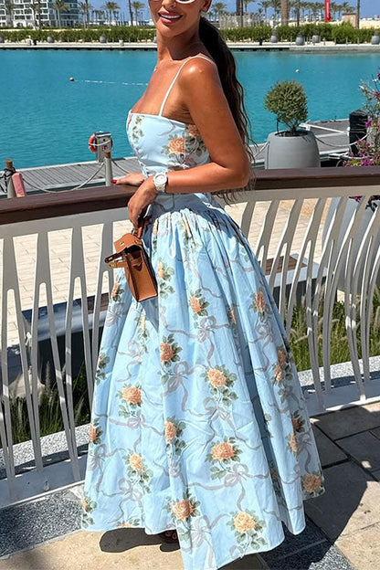 Spaghetti Strap Waisted Floral Print A-line Maxi Dress