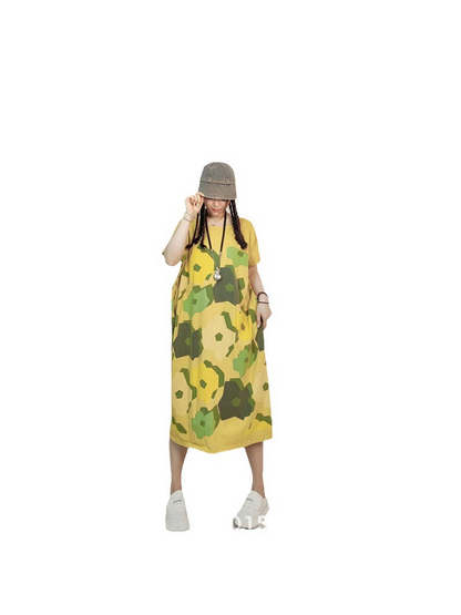 Crew Neck Short Sleeve Abstract Floral Loose Midi Dress