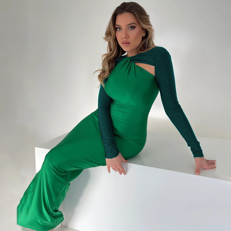 Halter Neck Rhinestone Long Sleeve Shoulder Cutout Bodycon Maxi Dress