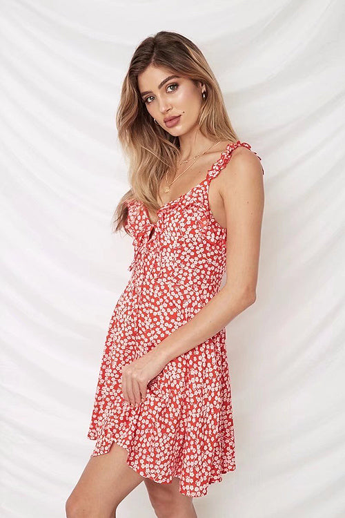 V Neck Tie Front Ruffle Strap Ditsy Floral Flared Mini Dress