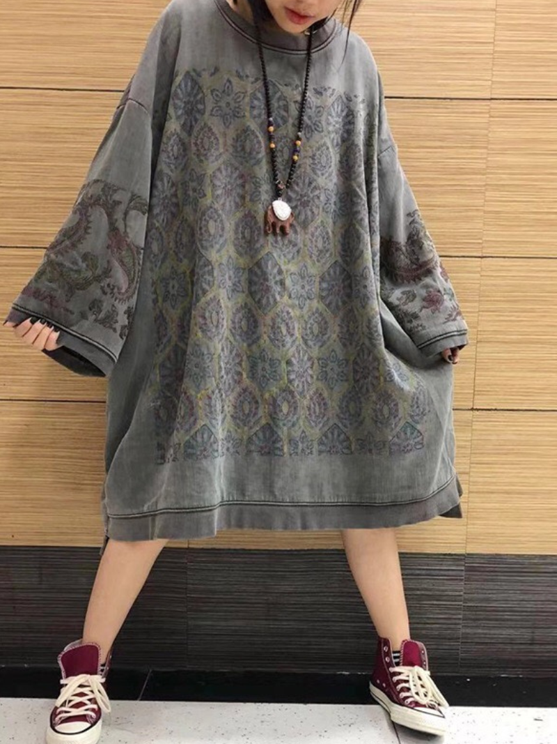 Crew Neck Medallion Print Oversized Long Sleeve Sweatshirt Dress