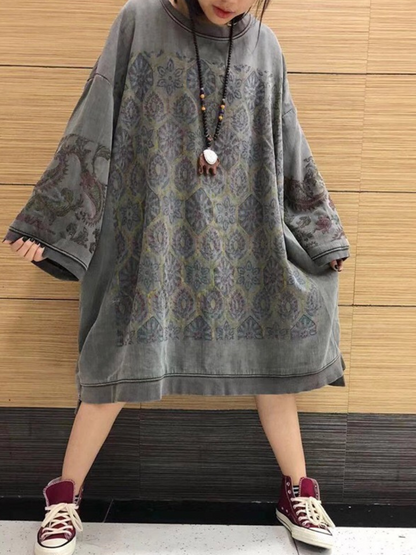 Crew Neck Medallion Print Oversized Long Sleeve Sweatshirt Dress