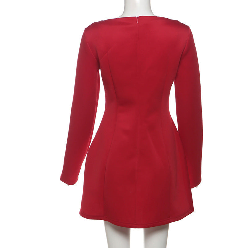 Long Sleeve Bow Pocket Structured A-Line Mini Dress