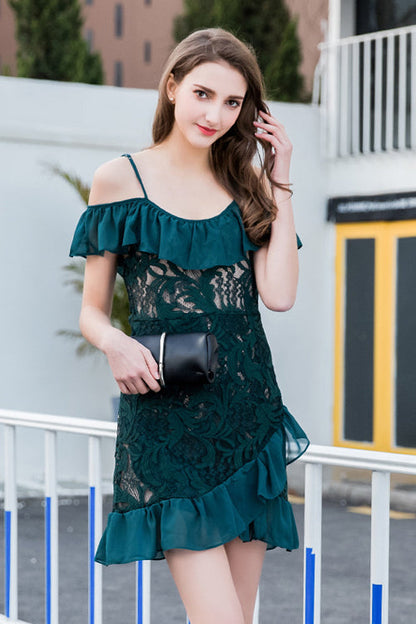 Cold Shoulder Floral Lace Spaghetti Strap Chiffon Ruffle Tiered Hem Wrap Mini Dress
