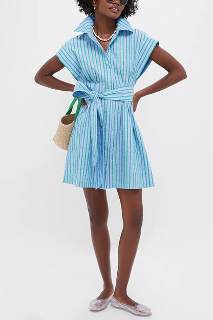 Short Sleeves Button Down Tie Waist Striped Mini Dress
