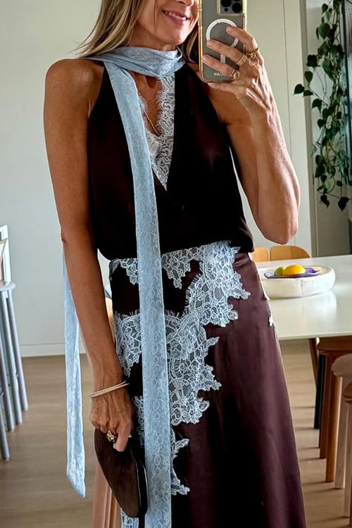 Sleeveless V Neck Lace Trim Satin Scarf Top