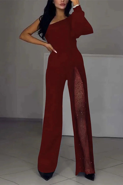 One Shoulder Long Sleeve Patchwork Wide Leg Jumpsuit