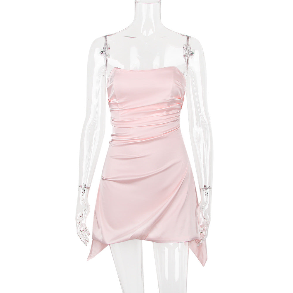 Strapless Ruched Satin Handkerchief Hem Mini Dress