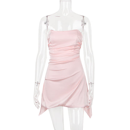 Strapless Ruched Satin Handkerchief Hem Mini Dress
