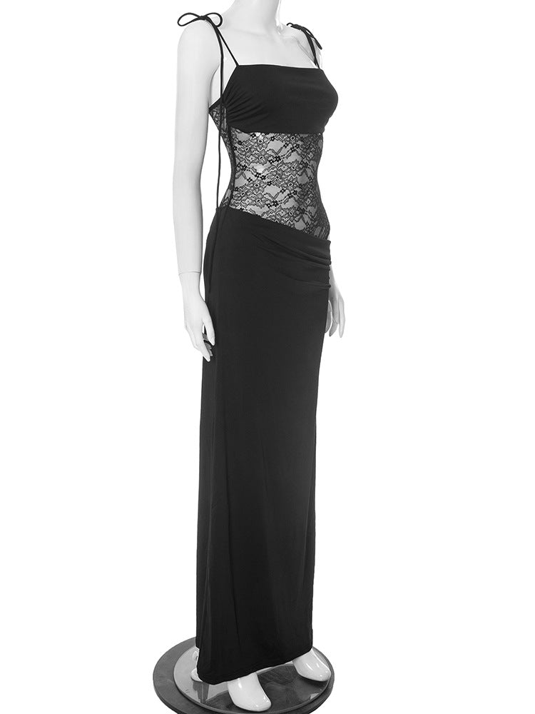 Spaghetti Strap Floral Lace Midriff Panel Column Maxi Dress