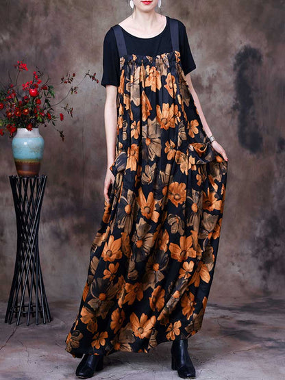 Large Floral Print Sleeveless Wide Leg Overall Jumpsuit