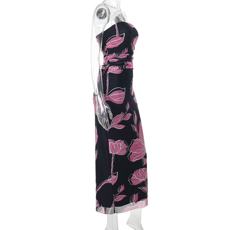 Strapless Ruched Floral Print Column Maxi Dress