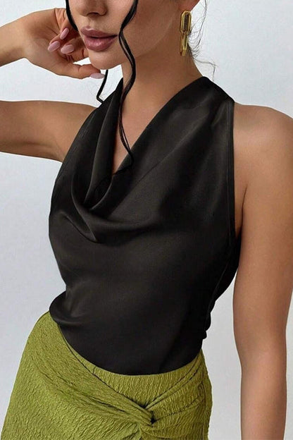 Cowl Neck Sleeveless Bow Back Satin Top