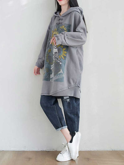 Frog Button Hood Sunflower Print Oversized Sweatshirt Dress