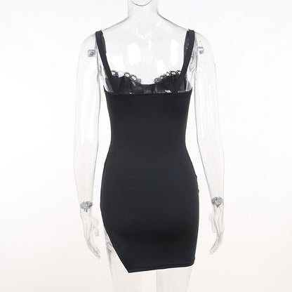 Scalloped Lace Trim Sweetheart Bustier Side Ruched Pointed Hem Mini Dress