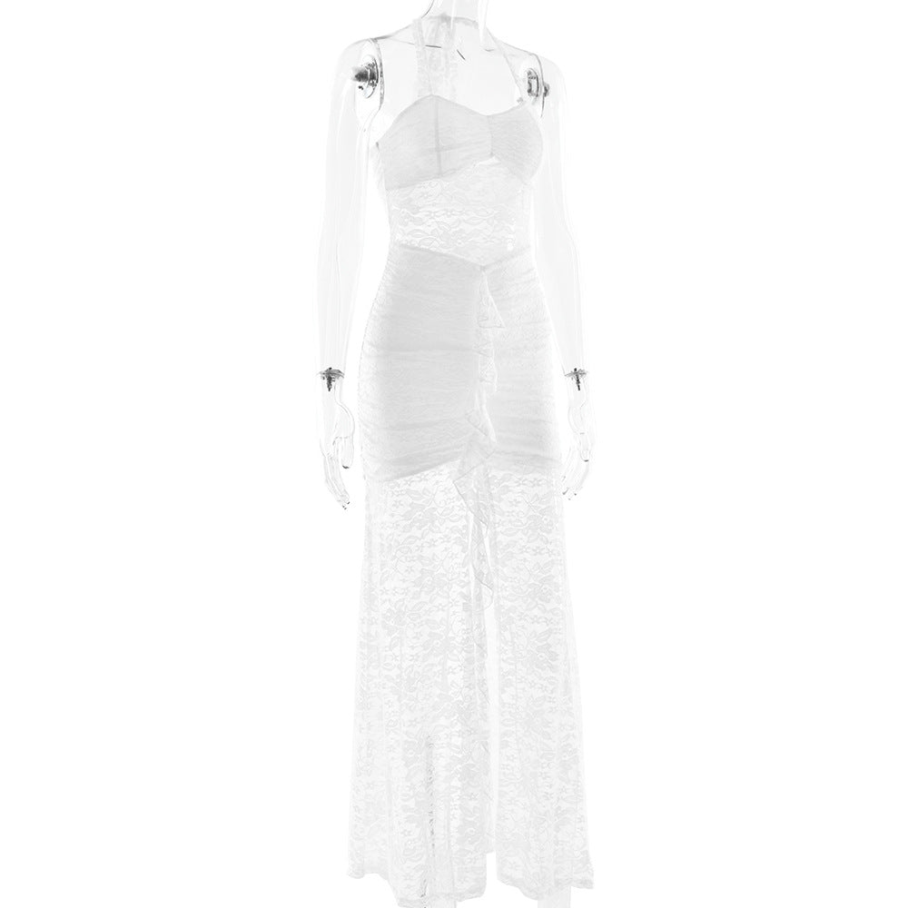 Halter Neck Floral Lace Sheer Panel Ruched Ruffle Front Maxi Dress