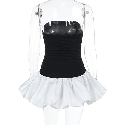 Strapless Ruched Bubble Hem Colorblock Mini Dress