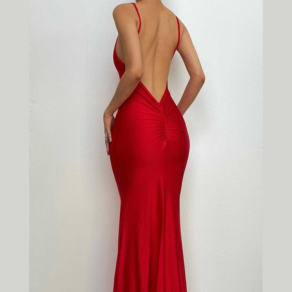 Deep V Neck Spaghetti Strap Ruched Mermaid Maxi Dress