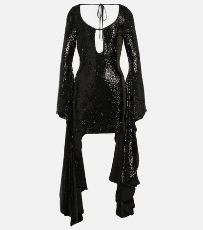 Sequined Keyhole Bell Sleeve Mini Dress With Train