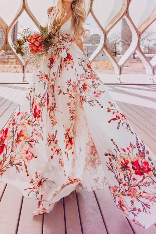 Surplice V-Neck Tie Waist High Slit Floral Print Maxi Dress