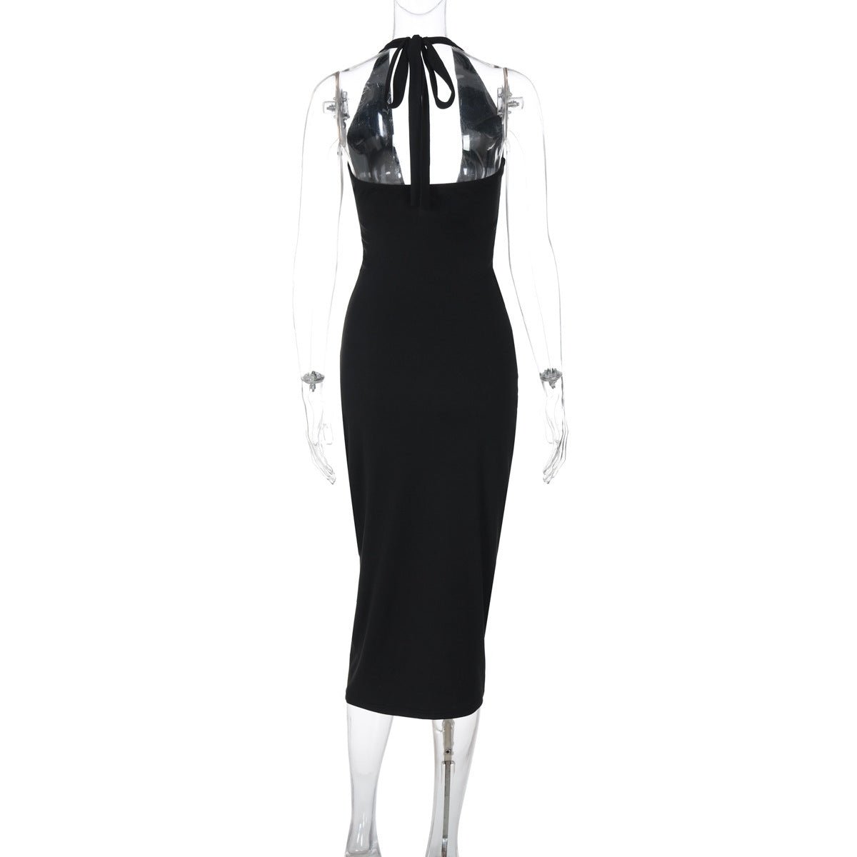 Halter Neck Plunging Twist Front Ruched Bodycon Midi Dress