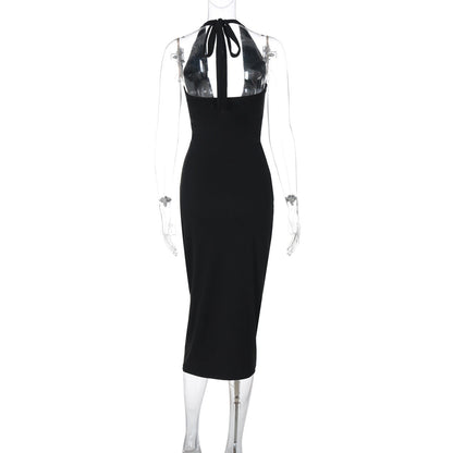 Halter Neck Plunging Twist Front Ruched Bodycon Midi Dress