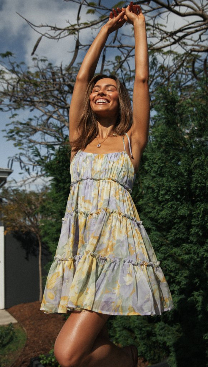 Square Neck Tie-Shoulder Spaghetti Strap Empire Waist Tiered Floral Mini Dress