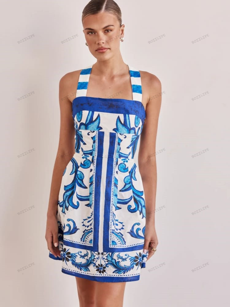 Graphic Print Spaghetti Strap Smocked Tier Mini Dress