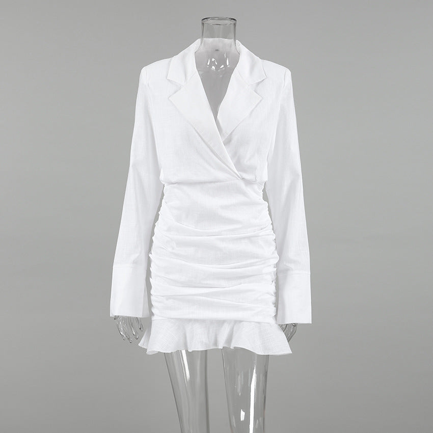 Deep V Notched Lapel Long Sleeve Ruched Blazer Mini Dress