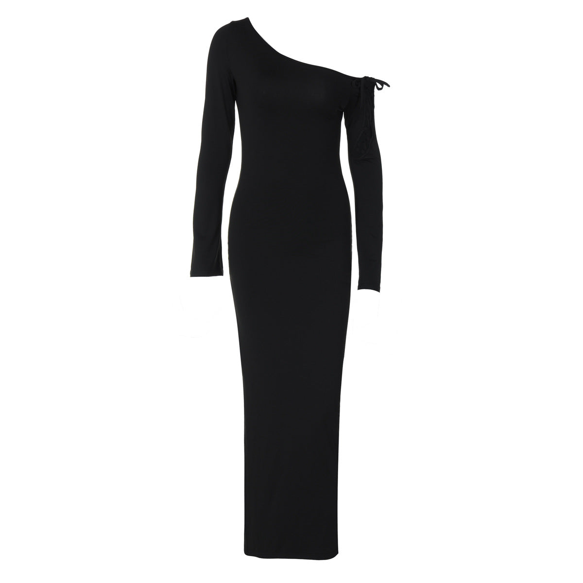 One Shoulder Lace Up Sleeve High Slit Bodycon Maxi Dress