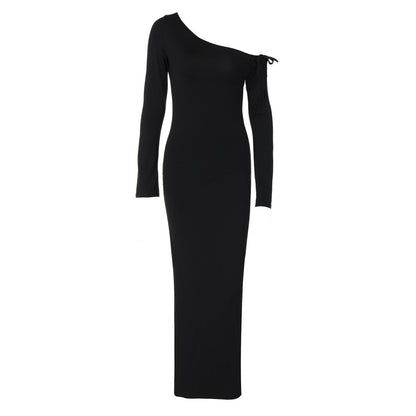 One Shoulder Lace Up Sleeve High Slit Bodycon Maxi Dress